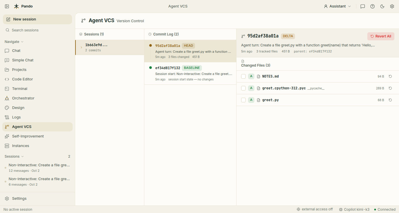 Agent VCS: a session, its two save points and the files changed in the latest one