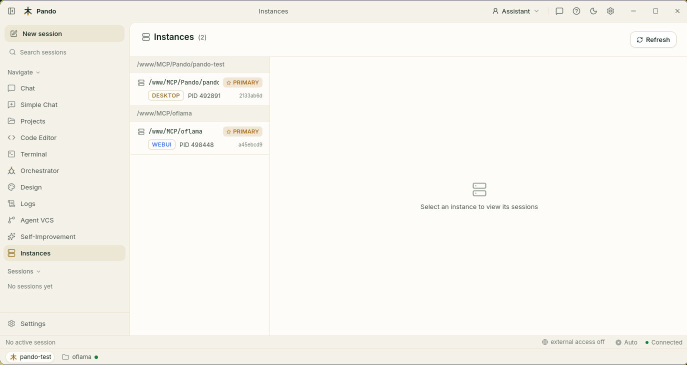 Instances screen listing the running Pando windows