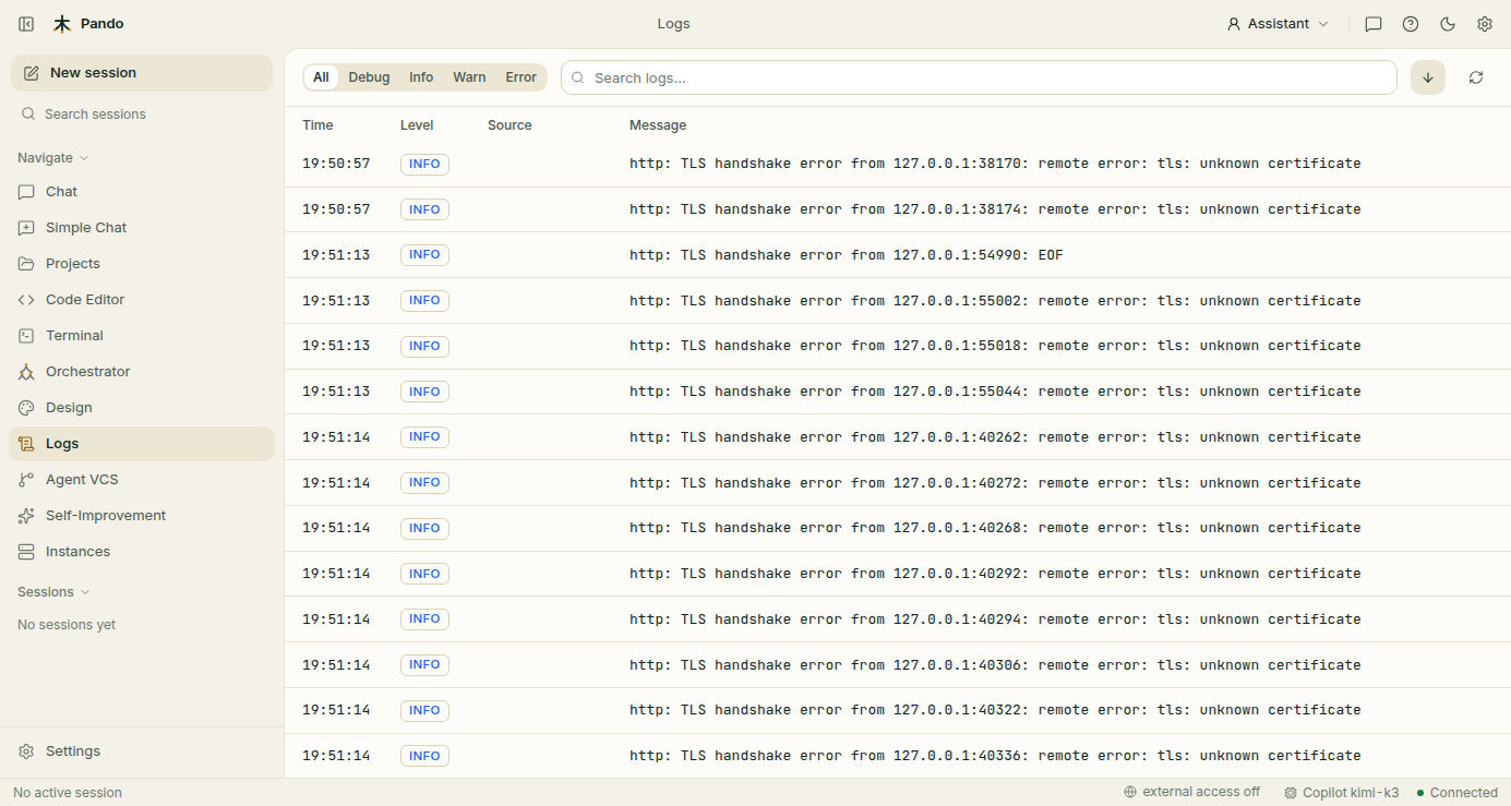 Logs screen with level filters and search