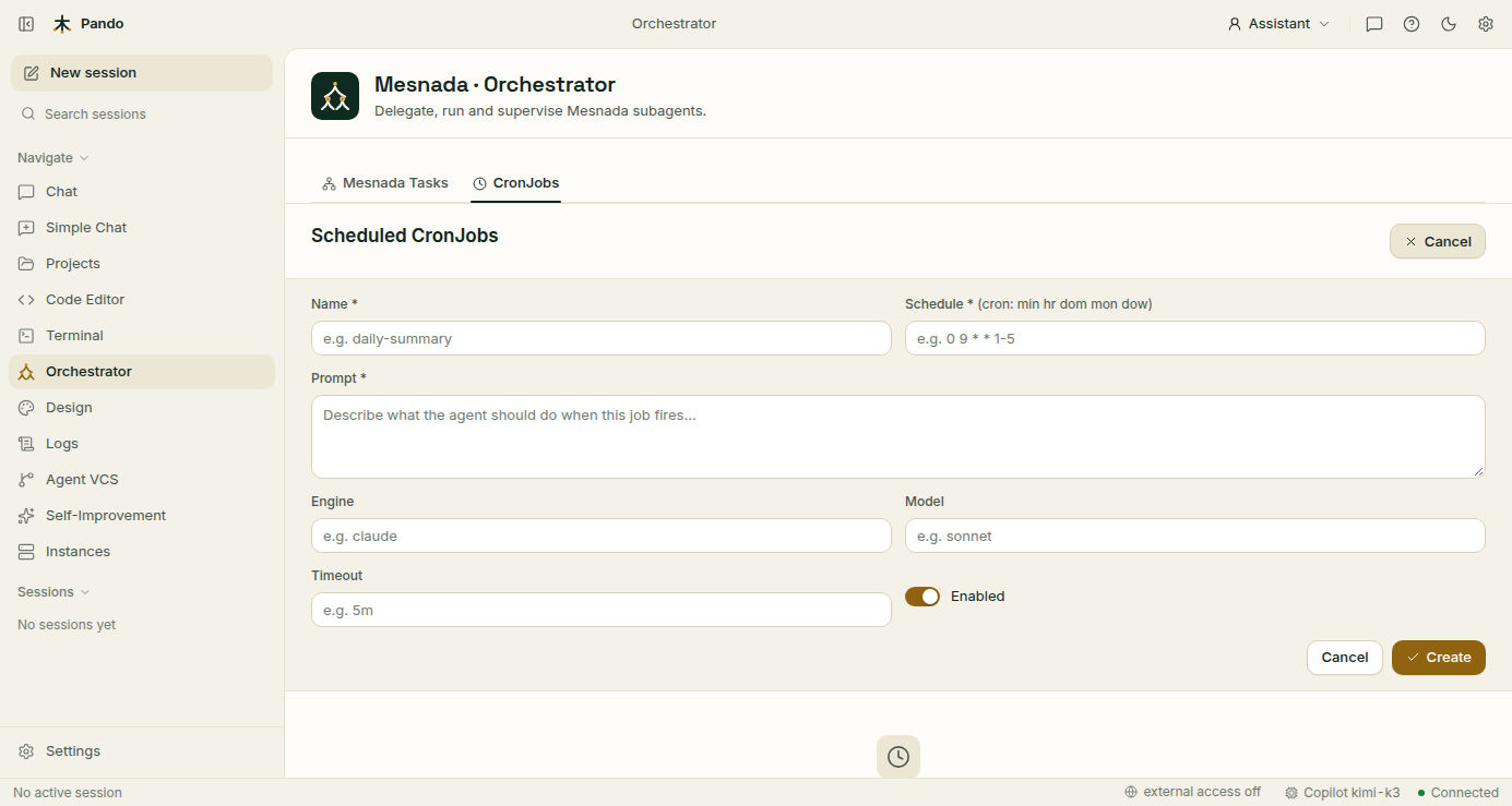 New CronJob form: name, schedule, prompt, engine, model and timeout