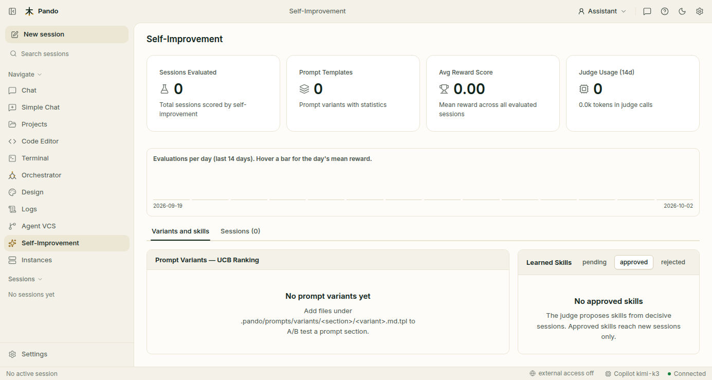 Self-Improvement view: counters, evaluations per day and learned skills