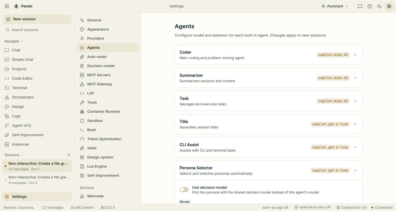 Agents settings with the Persona Selector unfolded and its Use decision model switch