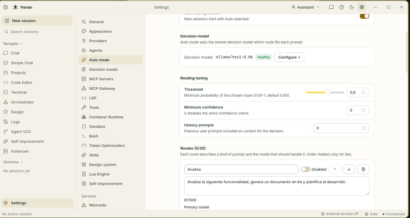 Auto mode routing tuning: threshold, minimum confidence and history prompts