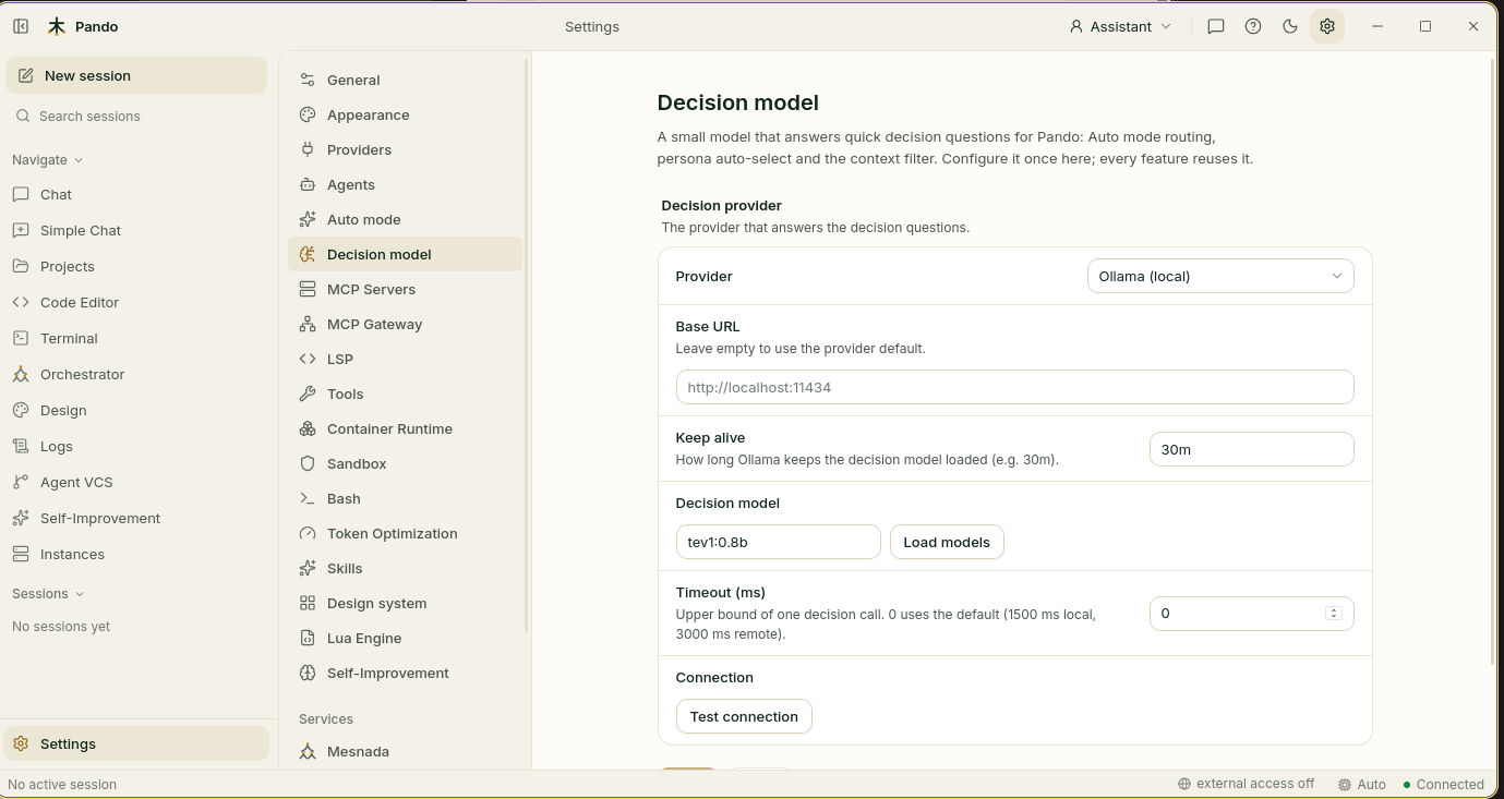 Decision model settings: provider, base URL, keep alive, model and connection test