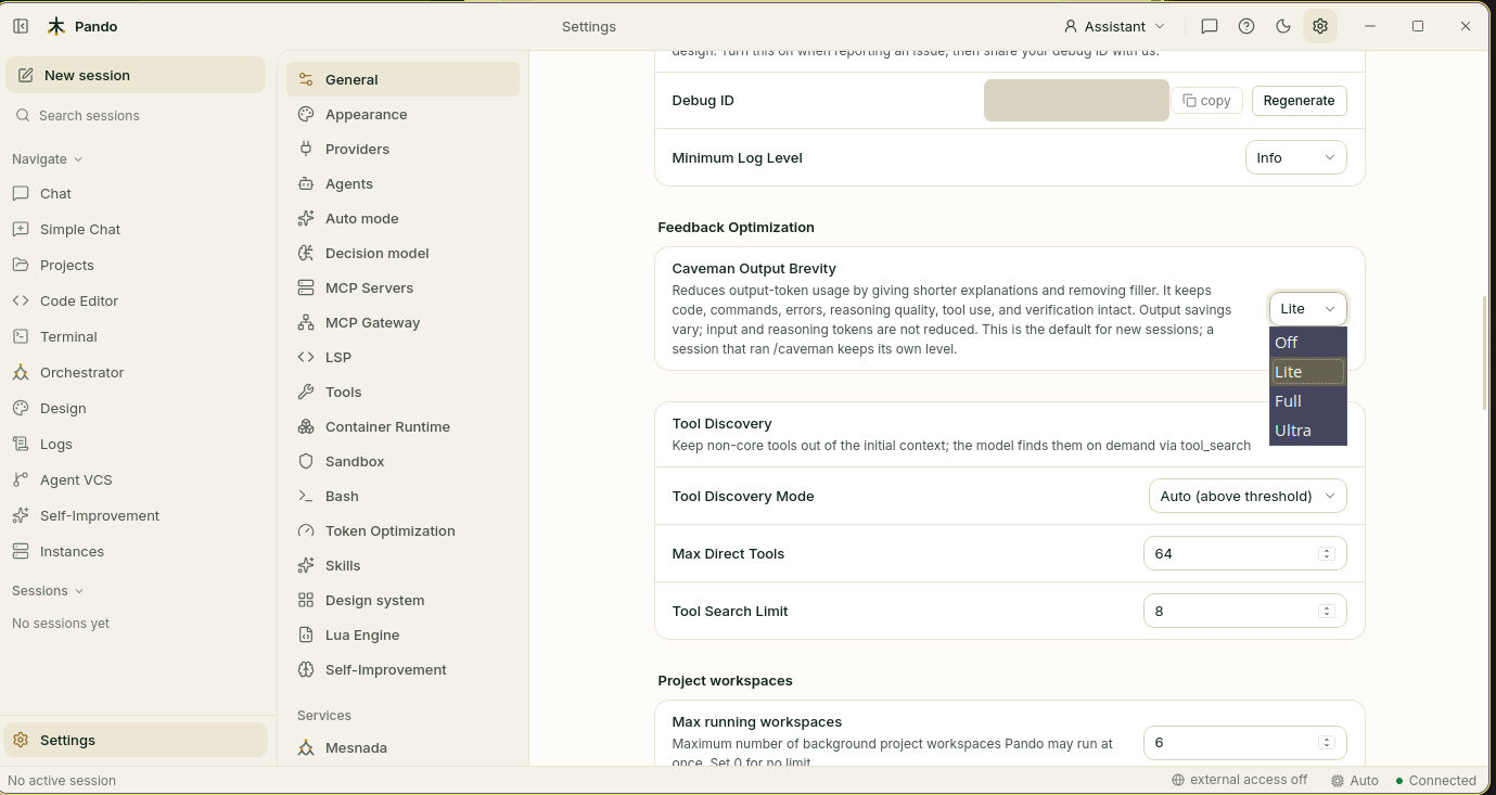 Caveman Output Brevity selector in General settings