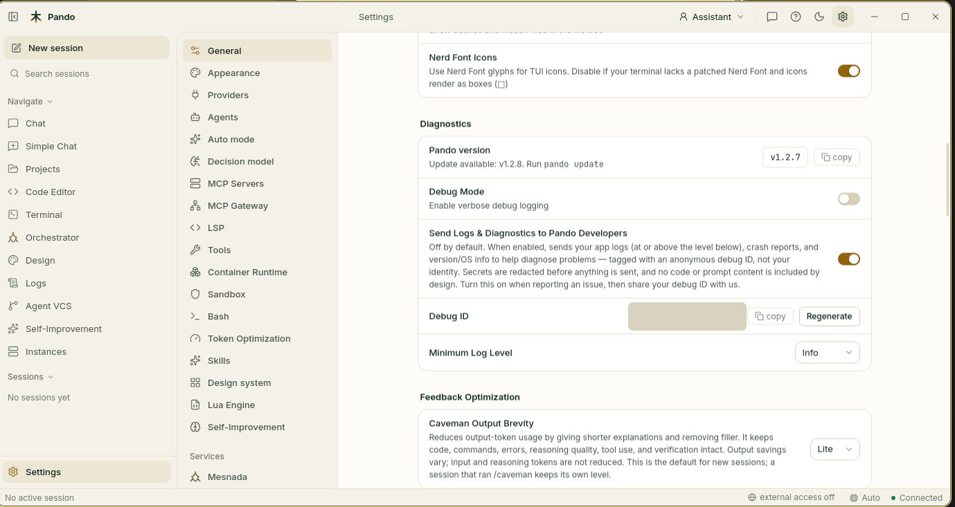Diagnostics section in General settings