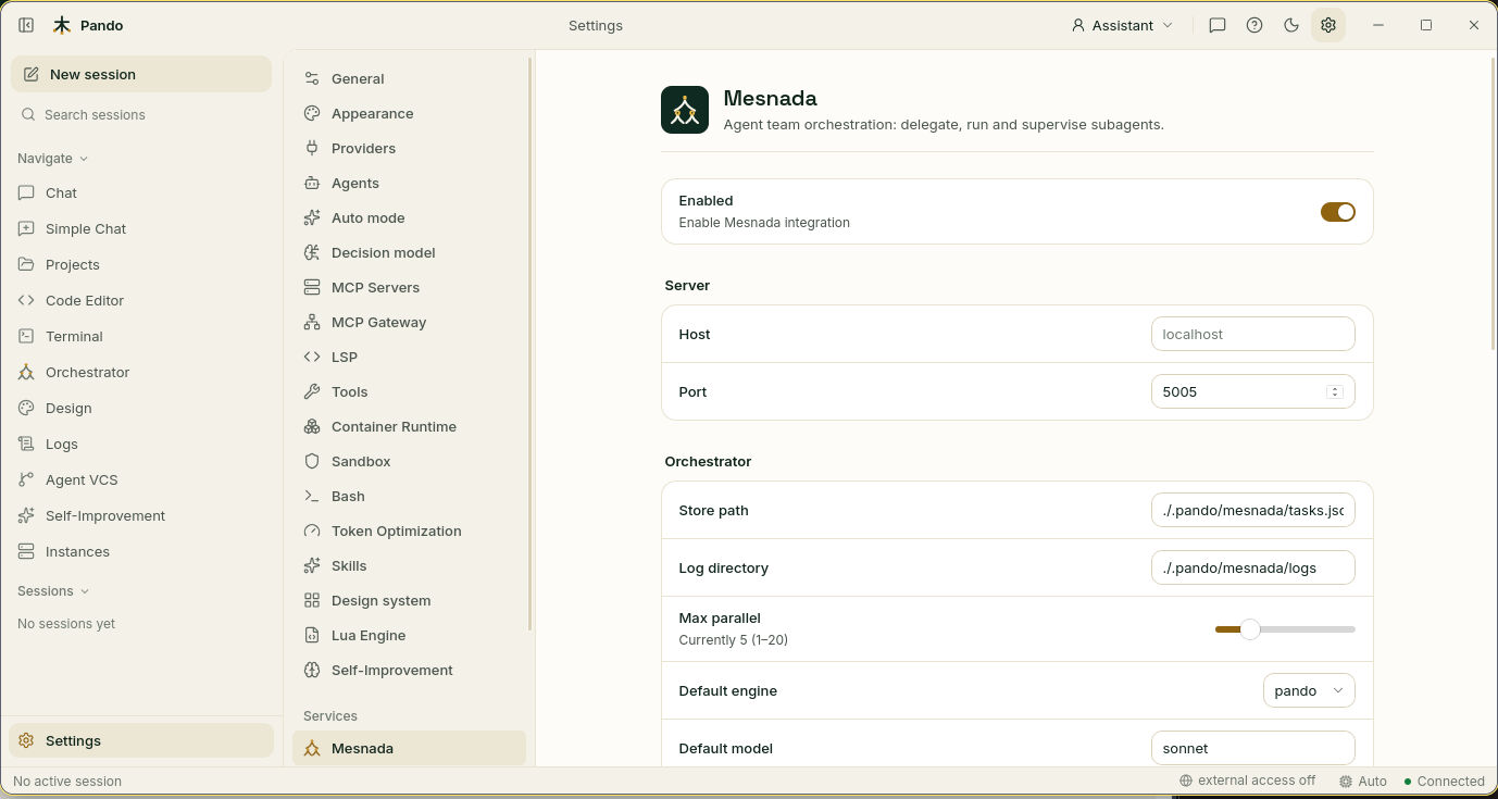 Mesnada settings: enabled, server and orchestrator options