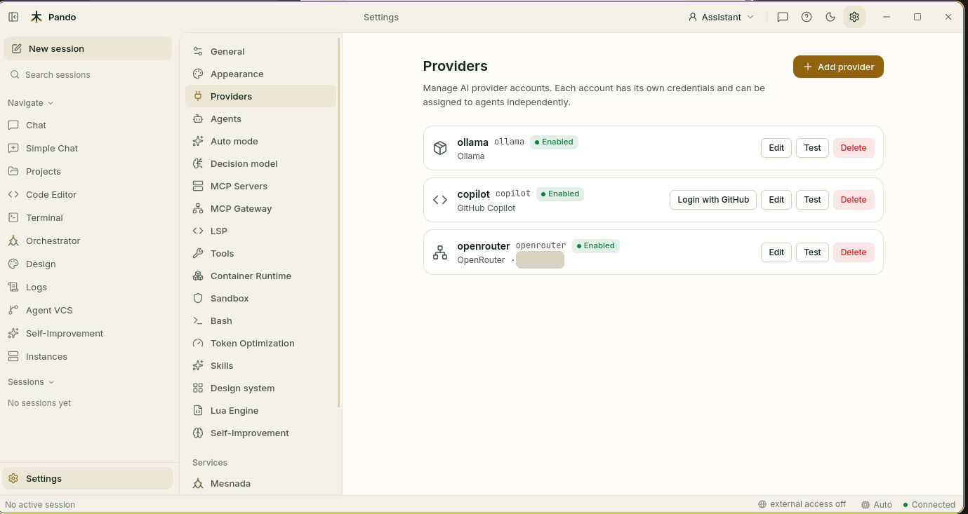 Provider accounts in Settings