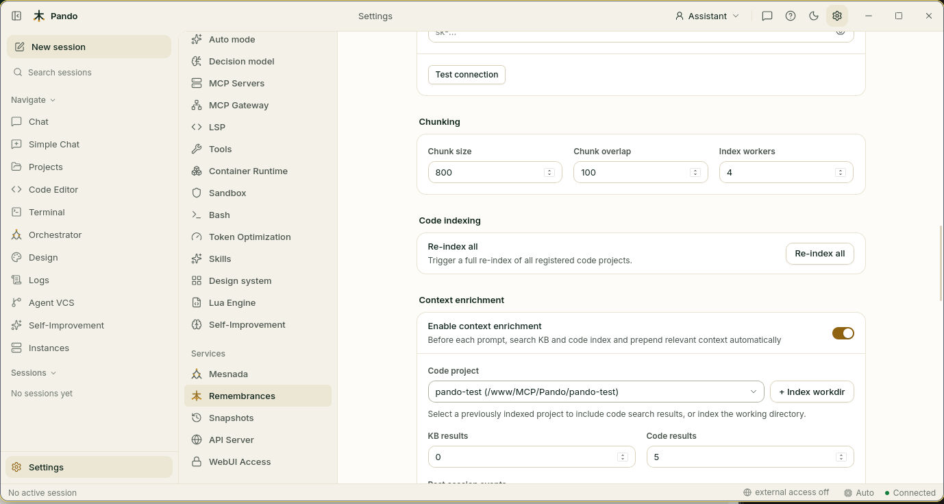 Chunking, code indexing and context enrichment settings