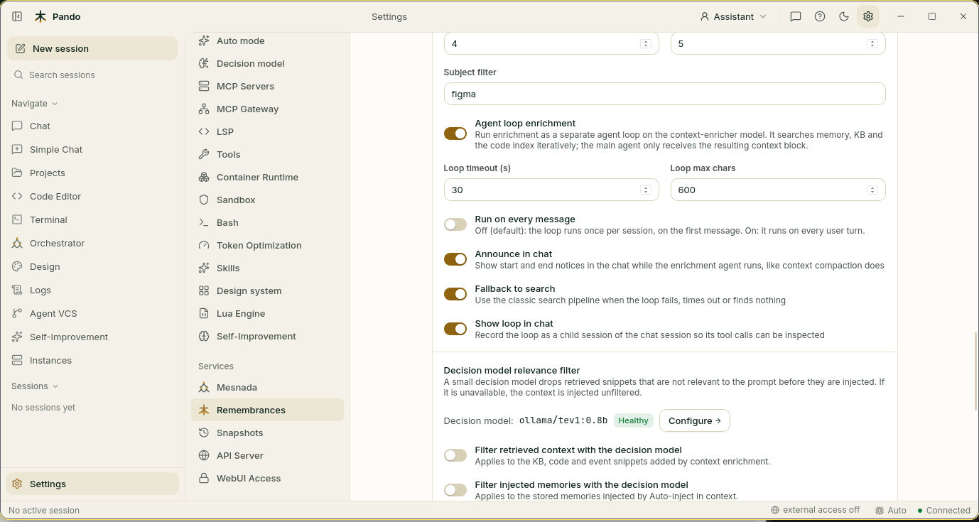 Agent loop enrichment and relevance filter settings