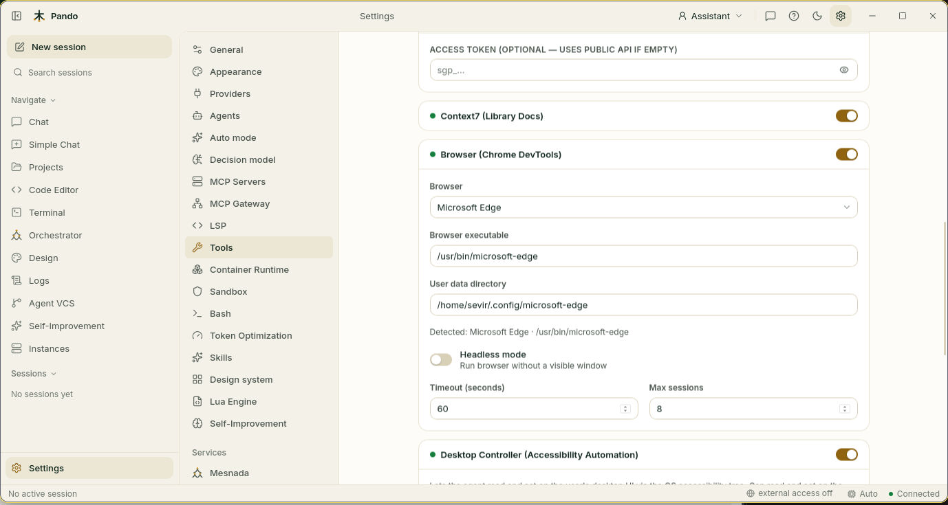 Browser tool settings